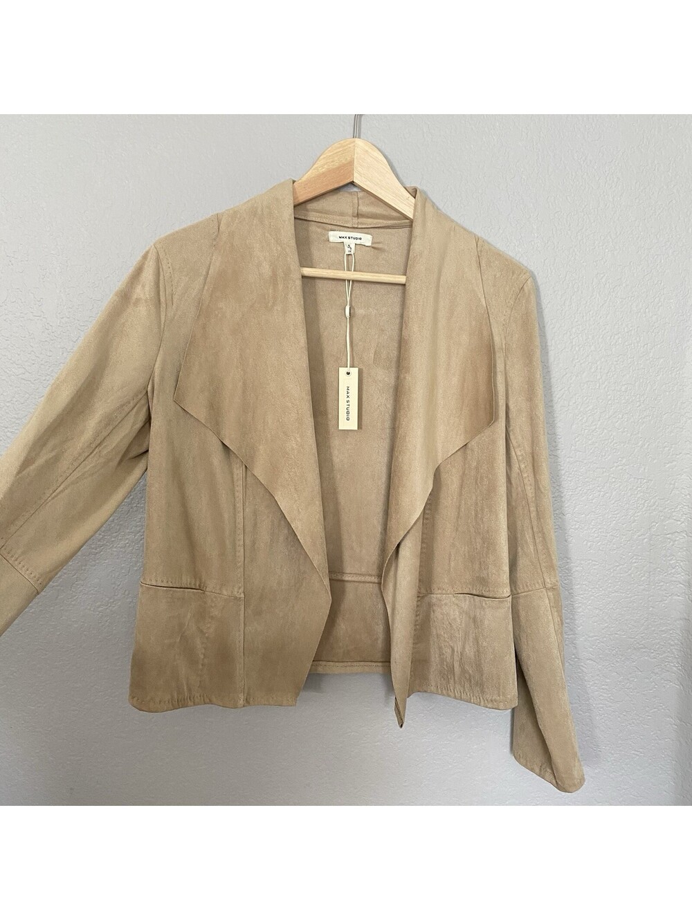 Max Studio Women's Faux Suede Brown Cardigan Blazer Sz S Long Sleeve Pockets NWT
